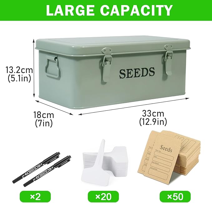 Seed Storage Organizer,Metal Seed Saving Box with Lid and Safety Locks, 4 Compartment Seeds Saver Kit with 2 Pens,20 Plant Labels and 50 Seeds Envelopes, Green Gardening Gift