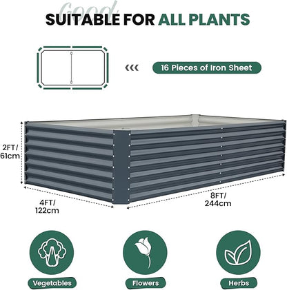 G GOOD GAIN 8x4x2 ft Galvanized Raised Garden Bed Kit, Large Metal Planter Box Outdoor for Vegetables, Flowers, Herbs, 24" Tall 478 Gallon Capacity Deep Root Design, Grey