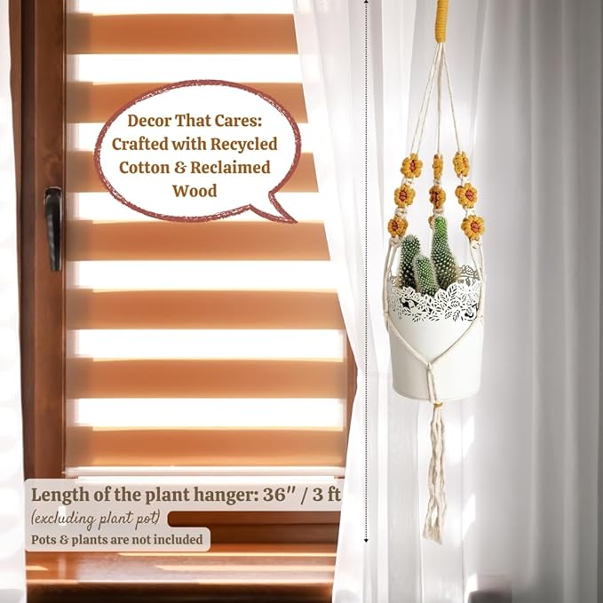 Macrame plant hanger with Daisies | Hanging plant holder | Macrame Plant hangers outdoor and indoor hanging planters Plant stand indoor Boho Decor hanging planter stand/plant shelf (Golden Harvest)