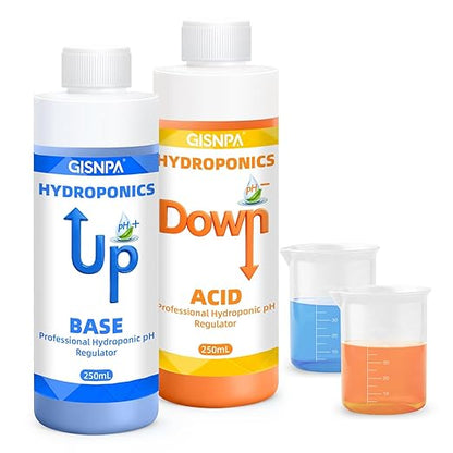 pH Down & pH Up for Hydroponics, pH Control Kit for Hydroponic Nutrients – 250ml pH Down and 250ml(8.45oz/250ml Each) pH Up with 2×50ml Beakers for Nutrient Water pH Adjustment