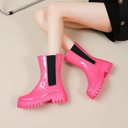 Women'S Waterproof Lug Sole Rain Boots Fashion Elastic Slip On Comfortable Platform Chunky Heel Chelsea Ankle Boots Casual Outdoor Non-Slip Rubber Garden Booties