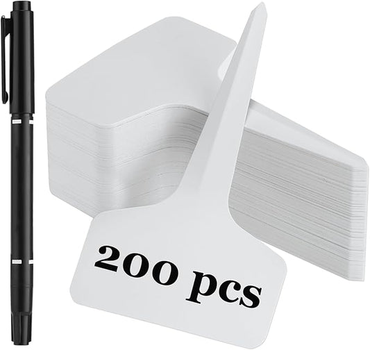 200 Pcs Plant Labels T-Shape, 4 Inch Plastic Potted Plant Name Tags, Seedlings Seed Label Markers Nursery Plant Stake Tag with Bonus Marking Pen for Outdoor Indoor Garden Patio Flower Vegetable, White