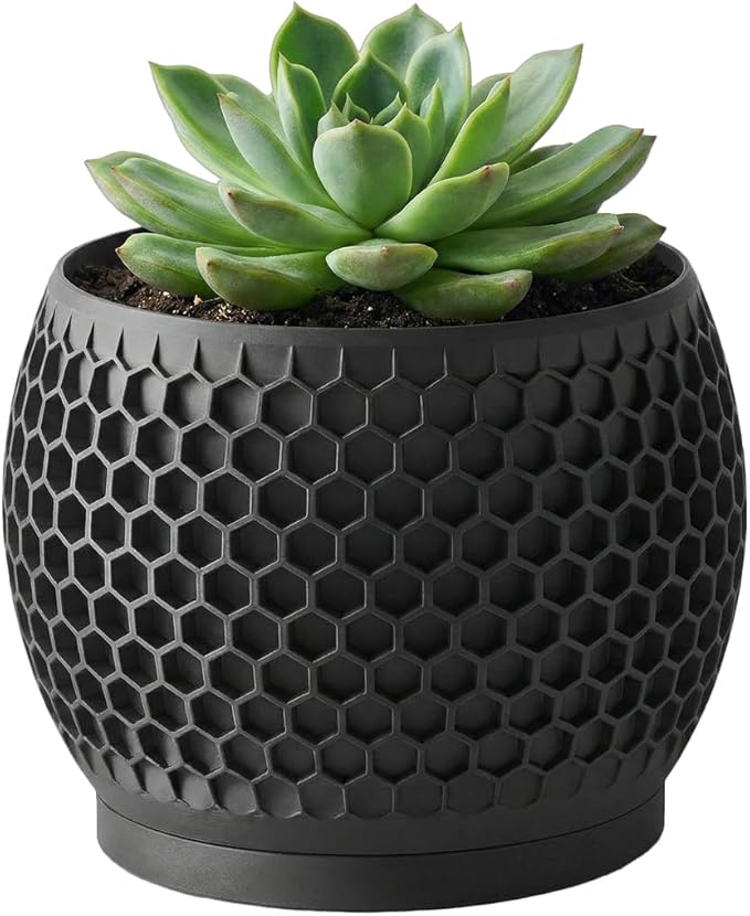 Plant Pots, Modern 3D Printed Honeycomb Planters for Indoor Plants, 4.7 Inch Matte Black Decorative Flower Pot for Office Desktop, Bookshelf & Home Decor, Lightweight & Durable.