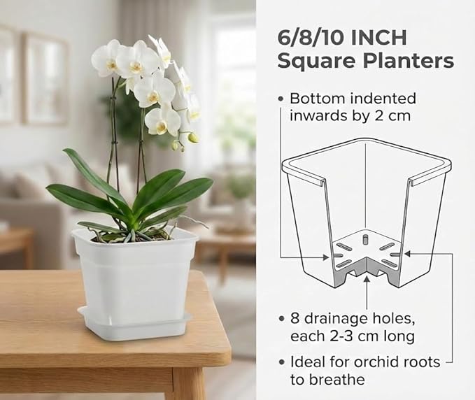 6 Pack 6/8/10 Inch Square Plant Pots with Saucers - 24-Strip Airflow Drainage for Root Health - Heavy Duty 5mm Thick White Plastic Orchid Planters for Indoor Outdoor Flowers, Herbs & Succulents