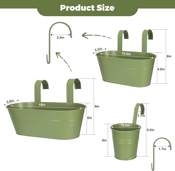 3 Different Size Metal Iron Hanging Flower Pots 10 Pcs for Outdoor Plants Metal Hanging Bucket Pots Iron Railing Fence Planter with Drainage Holes and Hooks for Porch Railing Balcony Fence (Green)
