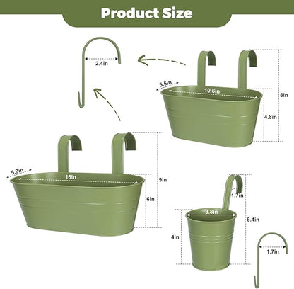 3 Different Size Metal Iron Hanging Flower Pots 10 Pcs for Outdoor Plants Metal Hanging Bucket Pots Iron Railing Fence Planter with Drainage Holes and Hooks for Porch Railing Balcony Fence (Green)