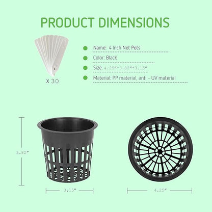 30 Pack 4 Inch Net Pots, Lightweight Slotted Mesh Net Cups for Hydroponics, Economy Hydroponic Pots for Indoor Outdoor Growing, Includes 30 Plant Labels