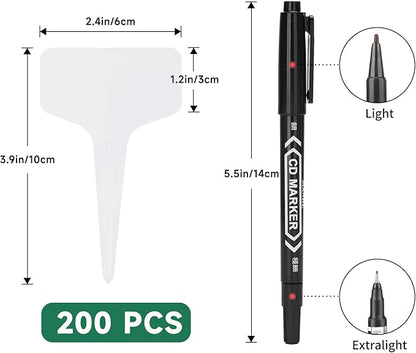 KINGLAKE Plant Labels 4 Inch - 200Pcs Plastic Plant Tags Markers T-Type Garden Labels Waterproof with Permanent Marking Pen for Seedlings Indoor Outdoor Garden Nursery Greenhouse