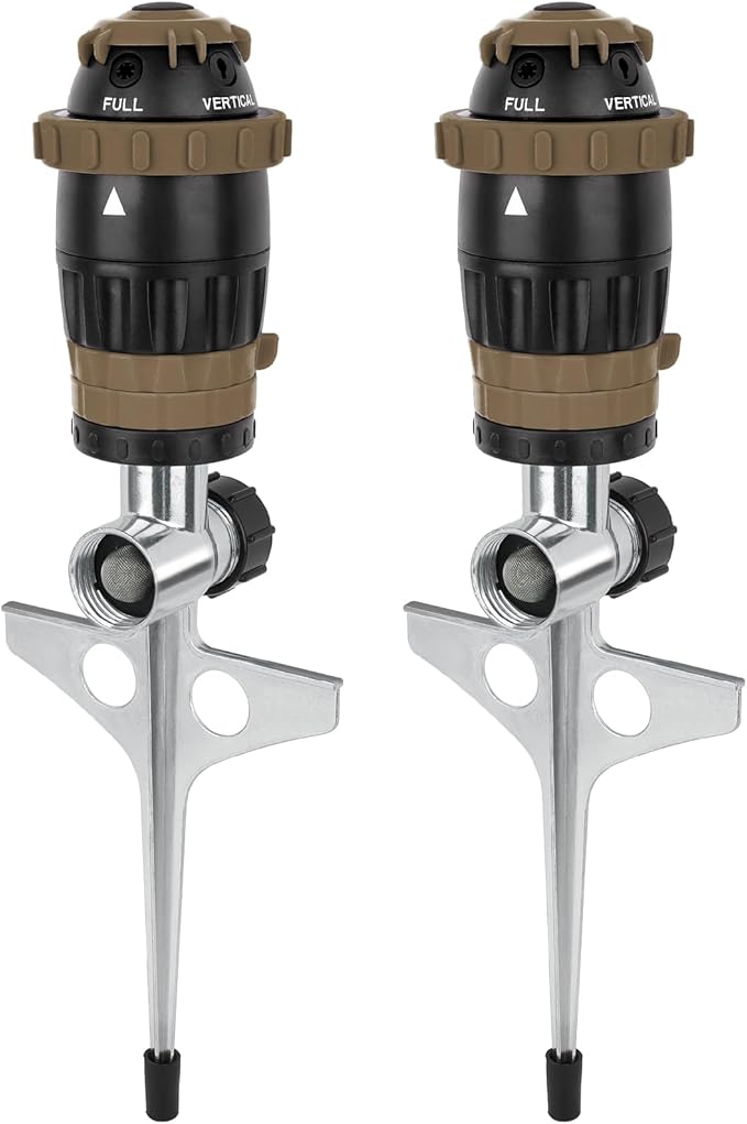 [2 Pack] RESTMO Gear Drive Sprinkler with Metal Spike Base, 5-Pattern Heavy Duty Gardening Watering System, Multi-Adjustable Lawn Sprinkle for Garden Plant, Flower Bed and Large Yard Area, Brown