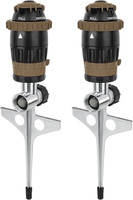 [2 Pack] RESTMO Gear Drive Sprinkler with Metal Spike Base, 5-Pattern Heavy Duty Gardening Watering System, Multi-Adjustable Lawn Sprinkle for Garden Plant, Flower Bed and Large Yard Area, Brown