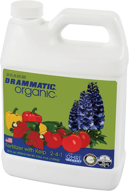 Drammatic® Organic™ Fertilizer w/Kelp 2-4-1, Hydrolyzed Liquid Fish Fertilizer for Vegetables, Flowers, and Fruits, 1 Quart (32 Ounces), OMRI Listed