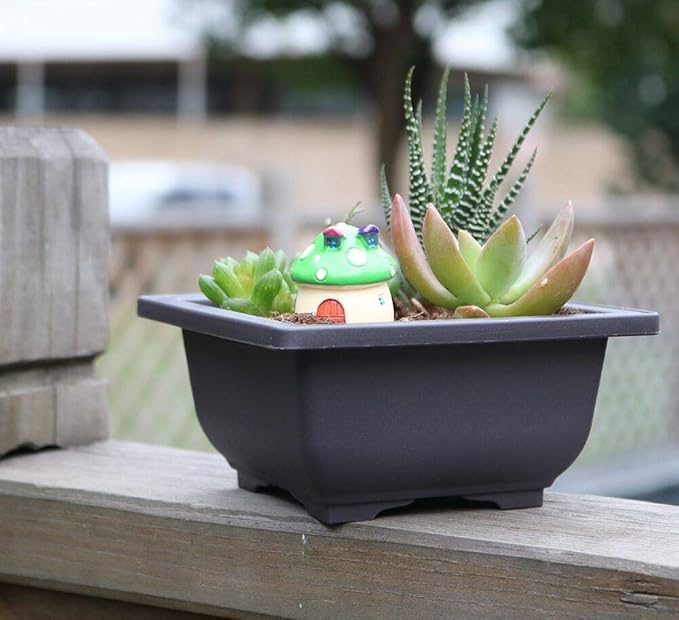 8PCS/Pack Retro Style Square Small Bonsai Training Pots with Tray, Mini Plastic Mocha Garden Flower Pot 4.7"