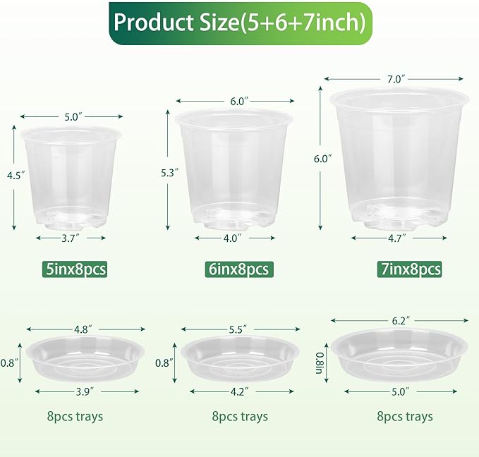 24 Pack 7/6/5 Inch Clear Nursery Pots with Drainage and Saucers, Clear Plastic Plant Pots for Plants, Seed Starting Pots