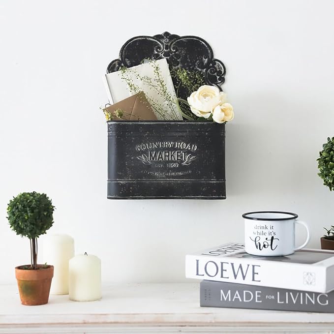 All Chic Black Metal Wall Planter - Outdoor Indoor Hanging Rustic Mount for Farmhouse Decor