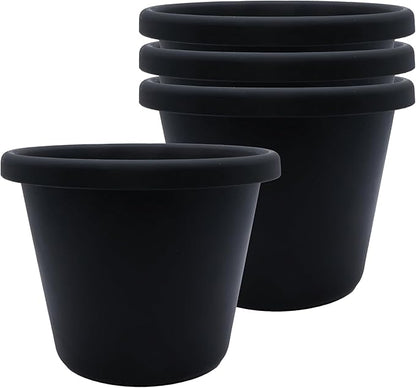The HC Companies 8.5 Inch Classic Round Planter Pots with Drainage, Rolled Rim Plastic Planters for Indoor & Outdoor Plants, 4-Pack Decorative Flower Pots for Garden, Office & Home Decor, Black