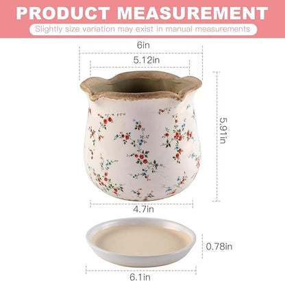 Ceramic-Planters-for-Indoor-Plants with Saucer, 6 inch Vintage Ice Crackle Glaze Plant Pots with Drainage Holes, Decorative Flower Pots for Outdoor Garden Home Decor, Tuscan Pot for Plant