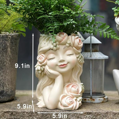 Decorative Garden Fairy Head Planter, Resin Flower Pot Sculpture, Pearl White with Rose Details
