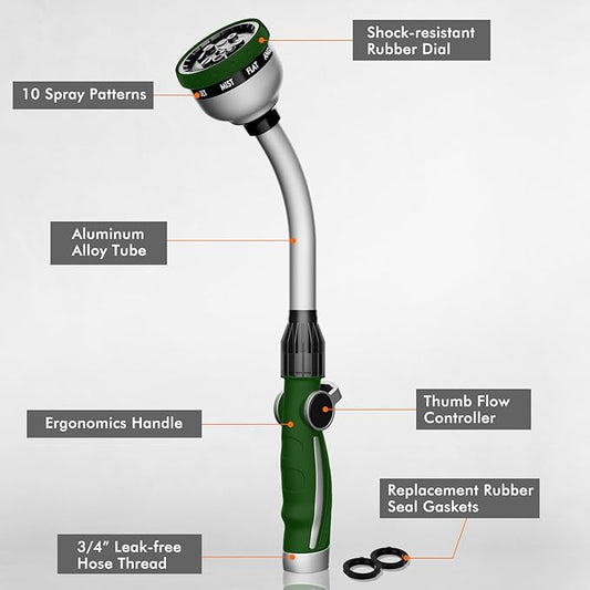 RESTMO Watering Wand Heavy Duty, Metal Garden Hose Wand with 10 Spray Patterns, 15-Inch Long Hose Nozzle Sprayer with Thumb Flow Control, Ideal to Water Hanging Baskets and Shrubs, Green