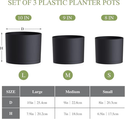 (3 Pack) 10 Inch Plant Pot with Drainage and Saucers, 10/9/8 Inch Plastic Plant Pots for Indoor Plants, Modern Round Planter Set for Flowers, Herbs, Garden Decor (Black)