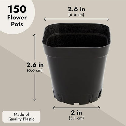 Juvale Square Nursery Pots - Seedling Planters with Drainage Holes - Versatile Pots for Plants & Succulents - Space-Saving Stackable Planters - 2.6 in, Pack of 150, Black