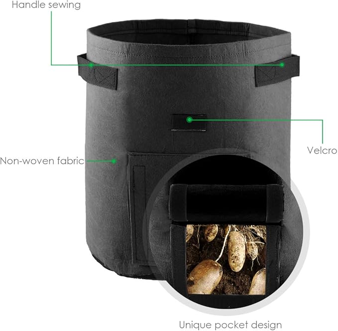 ELEOPTION Plant Grow Bags 7 Gallon 2PCS, Non-Woven Garden Potato Carrot Tomato Vegetable Planting Bag with Handles and Flap, Fabric Pots Heavy Duty Planter Bags (Black)