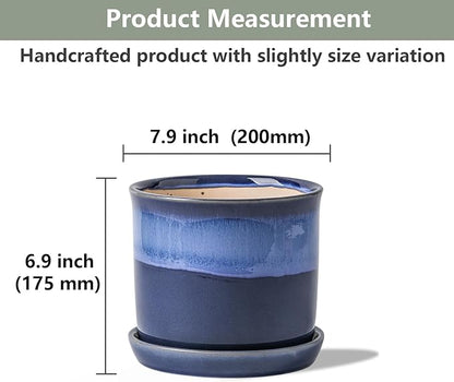8 Inch Plant Pot: Ceramic Planter with Drainage Hole & Saucer - Gradient Blue Flowerpot for Indoor & Outdoor Plants with Separate Tray