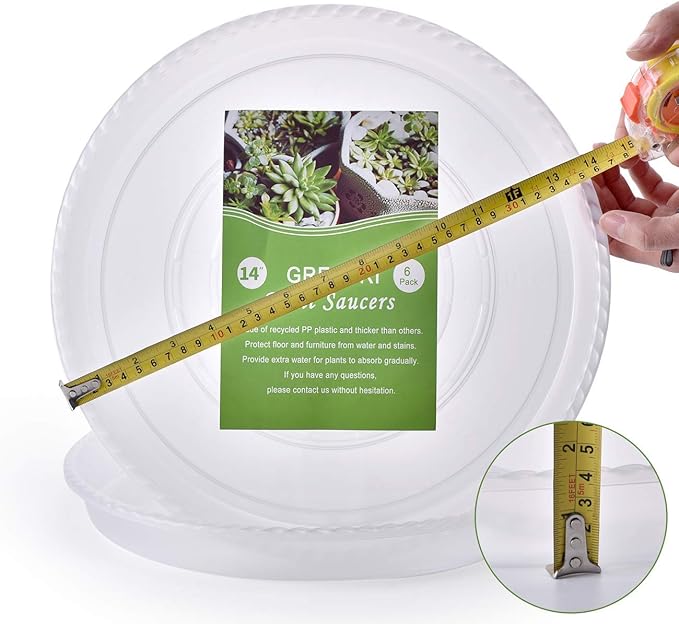 Clear Plant Saucers 14 Inches for Indoors and Outdoors, 6 Packs Heavy Duty Plastic Plant Trays with 12.5 Inches Bottom Diameter, 5 Gallon Grow Bag Saucer.
