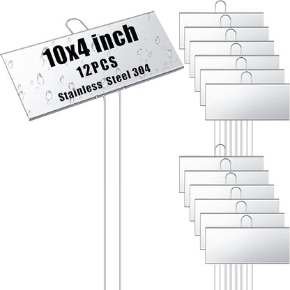 Landhoow 12 Pcs Large Garden Plant Markers Metal Plant Labels Sign 10'' x 4'' with 16.5'' Stake Weatherproof Waterproof Garden Sign for Outdoor Seedlings Herbs Vegetable Greenhouse, Silver