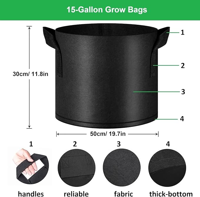 15-Gallon Grow Bags, (10 Pack) Thickened Aeration Fabric Growing Pots Planters with Handles for Planting Vegetables Plants, Black