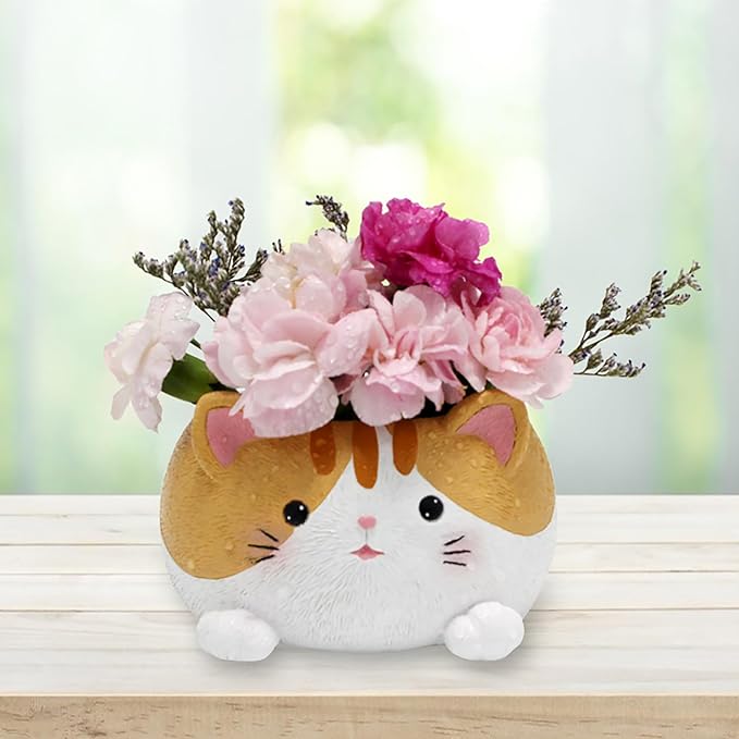 Cute Small Succulent Pots with Drainage, 10 cm Cactus Pots Cute Cat Flower Pot Resin Small Planters for Succulents, Cute Planter Animal Planter Flower Pot for Flower Cactus Garden Home Office