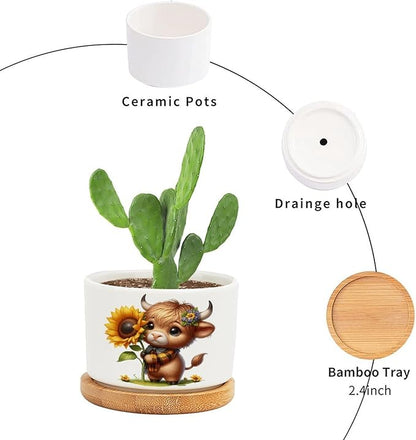 DreamAutumn Easter Highland Cow Planter Ceramic Round Plant Pots with Drainage Holes and Bamboo Tray Planting Small Flower Pots for Home Windowsill Desk Garden Indoor Outdoor Use