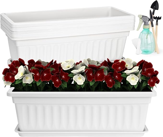 HOXHA 6 Pack Window Box Planter, 17 Inches Vegetable Flower Plastic Planter Boxes with Tray, Rectangular Planter Indoor and Outdoor Flower Pots for Windowsill, Patio, Porch, Garden Balcony, White