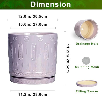 Ceramic Plant Pots, 12 Inch Pots for Plants Indoor Outdoor, Round Planter with Drainage Hole and Tray, Modern Decorative Flower Pot, Home Apartment Decor, House Warming Gifts, Purple