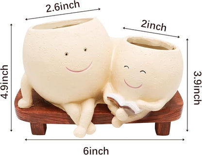 Smily Face Planter Pot for Plants, Cute Double Head Planters for Indoor Outdoor Plants, Modern Lady Head Vase Girl Face Planter, Unique Succulent Pots with Drainage Hole (Khaki)