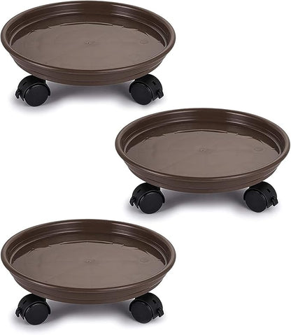 Fasmov 3 Pcs Plant Pallet Caddy Plant Stand Round Flower Pot Mover, Plant Pot Pallet Dolly Caster with Universal Wheels (Brown)