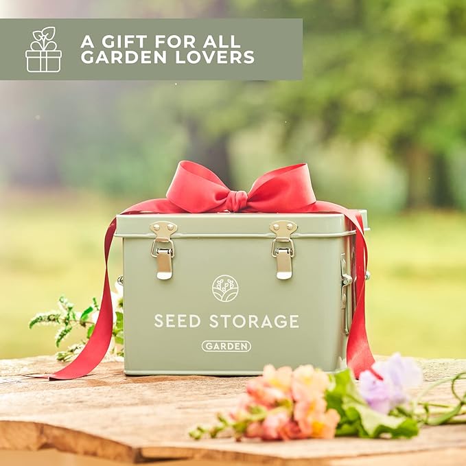 Seed Storage Box – Metal Seed Packet Organizer with Garden String and Bamboo Plant Labels. Seed Container Storage delivering complete Seed Saving Organization for every Garden Lover.