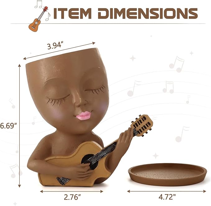Face Planter Pot, Cute Girl Playing Guitar Head Planter for Indoor Plants, Unique Resin Succulent Pots with Drainage, Creative Music Lover Gifts for Guitarist Women Mom (Brown)