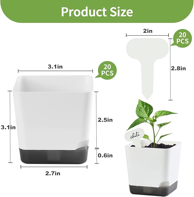 3 inch Small Nursery Pots, Seedling Pots, 20 Pack Plastic Plant Pots for Indoor Outdoor Plants, Decorative White Succulent Flower Pots with Drainage Holes and Saucers