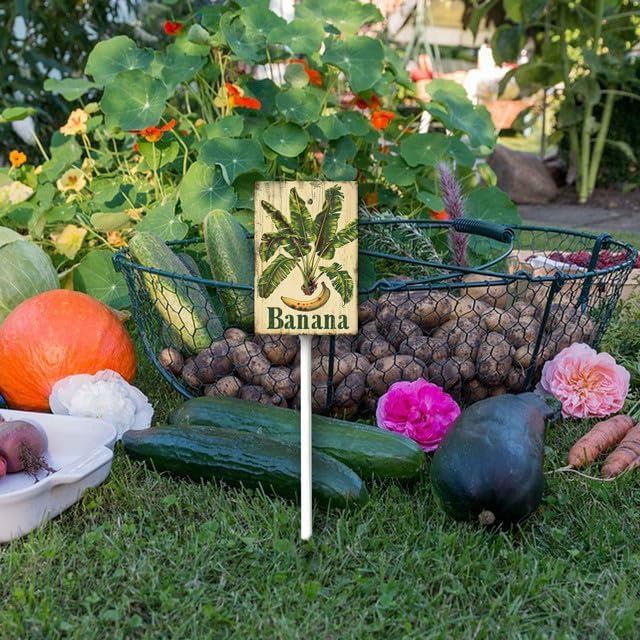 Uptell Vintage Aluminum Banana Fruit Signs Yard Sign with Stake for Garden Fruit Garden Label Stakes Plant Markers for Outdoor Plants Waterproof 8x12 inch