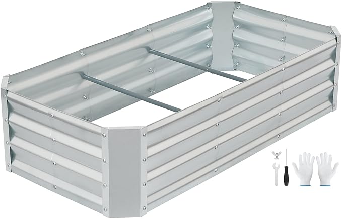 G GOOD GAIN 4x2x1ft Raised Garden Bed – Galvanized Metal Planter Box for Vegetables, Flowers, Herbs, Fruits – Outdoor Garden Beds with Open Bottom, Sliver