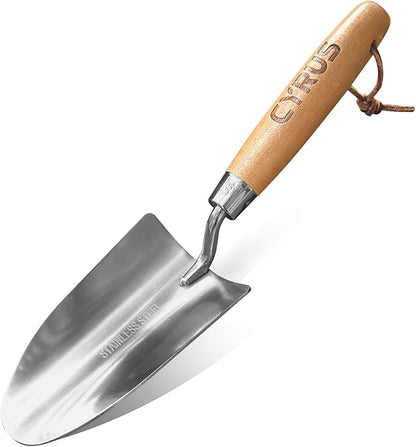 CYRUS Garden Shovel 12.6”Stainless Steel,Small Shovels for Gardening with Ash Wood Handle,Hand Shovel Garden Spade Potting Soil Scoop for Planting,Transplanting
