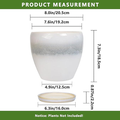 Ceramic Pots for Plants - 8 Inch Planter with Drainage Hole and Saucer, Round Flower Pot for Indoor Outdoor Plants, Decorative Planter, House Patio Decor, Housewarming Gifts, White-Grey