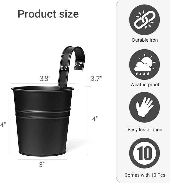 Dahey 10 Pcs Hanging Flower Pots Metal Iron Bucket Planter for Railing Fence Balcony Garden Home Decoration Flower Holders with Detachable Hooks, Black, 4 Inches