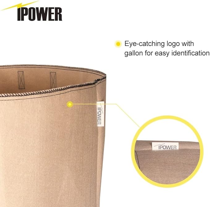 iPower Plant Grow Bag 20-Gallon 5-Pack Heavy Duty Fabric Pots, 300G Thickened Nonwoven Aeration Durable Container, Nylon Strap Handles for Gardening, Planting Tomatoes, Herbs, Flowers, Tan