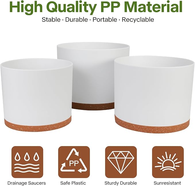 GARDIFE 10/9/8 Inch Modern Cylinder Planter, Plant Pots for Indoor Outdoor Plants, Flower Pots with Drainage Holes and Saucers for Garden Succulent Nursery House Plants (White-Brown)