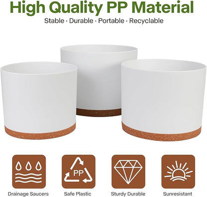 GARDIFE 10/9/8 Inch Modern Cylinder Planter, Plant Pots for Indoor Outdoor Plants, Flower Pots with Drainage Holes and Saucers for Garden Succulent Nursery House Plants (White-Brown)