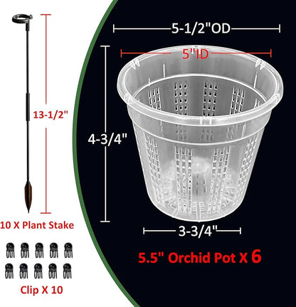 Orchid Pots, 6 Pack 5.5" Orchid Pots with Holes and 10Pcs Plant Stakes, Clear Plastic Plant Pot for Indoor Outdoor Plants(6 Pack 5.5")