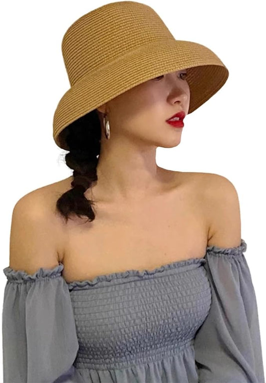 Wide-Brim Classic Elegant Style Foldable Straw Hat Women's Retro UV Resistant Sun Hats for Outdoor, Beach and Travel