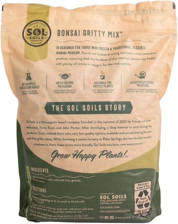 Sol Soils Gritty Bonsai Soil Potting Mix - Fast Draining and Peat Moss Free with Pine Bark, Granite, Pumice, & Calcined Clay for Indoor and Outdoor Plants - 1 Gallon