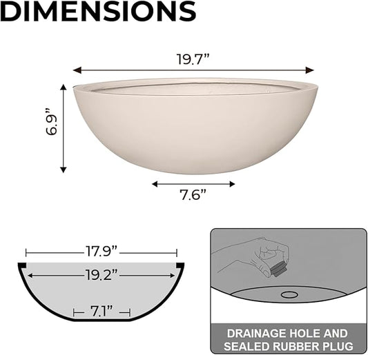 6.9" H x 19.7" D Round Bowl Fiberstone Planter for Succulent and Lotus with Drainage Hole, Smooth Finishes, Weather Resistant, Included 2 Extra Coco Mats (Kilim Beige, 17.9" Pot Opening)